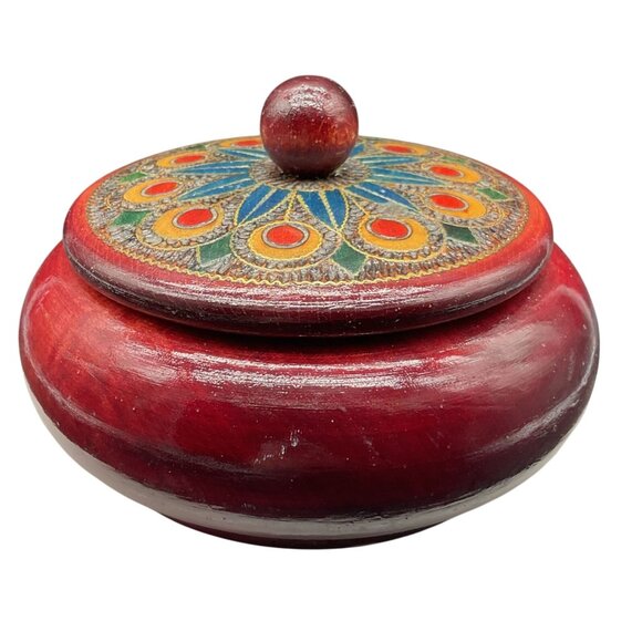 Hand Painted & Carved Red Wood Lacquered Lidded Bowl 3"H x 5"D - Picture 3 of 7